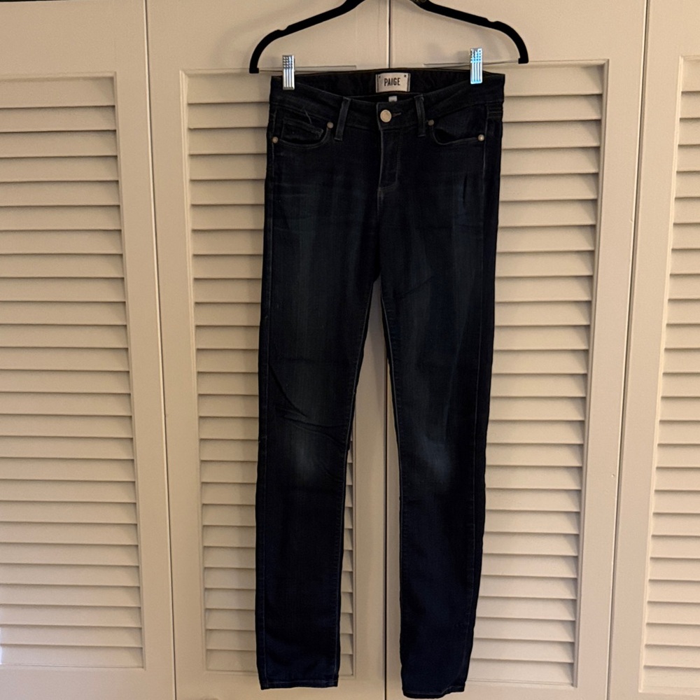 PAIGE Dark Black Skyline Skinny Jeans with Subtle Fading